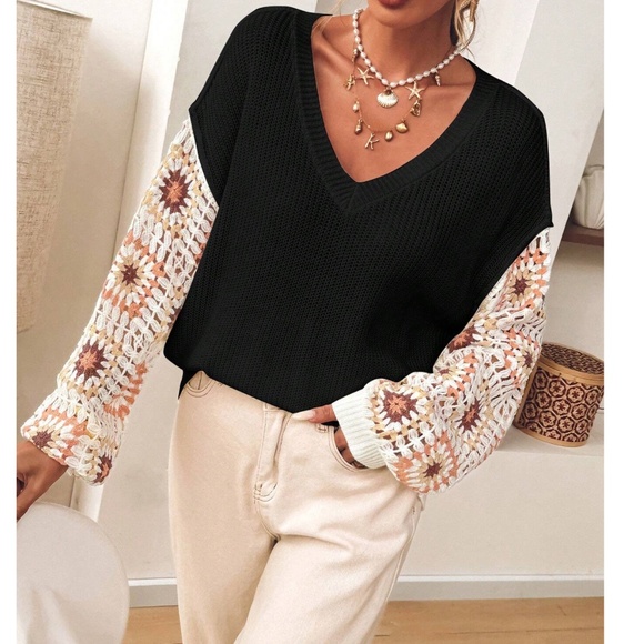 Cozy Floral Crochet V neck Oversized Sweater Top - Picture 10 of 12